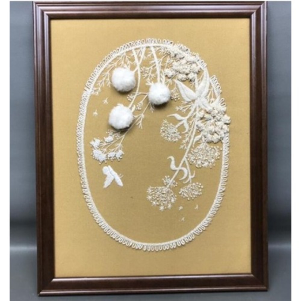 VTG 70s Framed Embroidery Pom Pom Cotton Floral Butterfly Cottagecore Boho Art